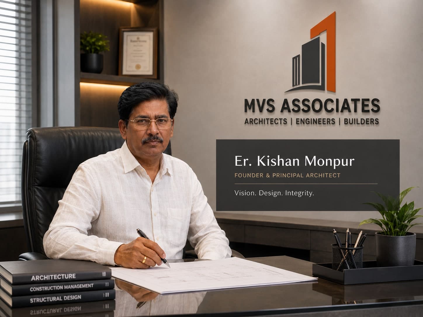 Er. Kishan Monpur, Founder & Principal Architect of M.V.S. Associates, at his desk